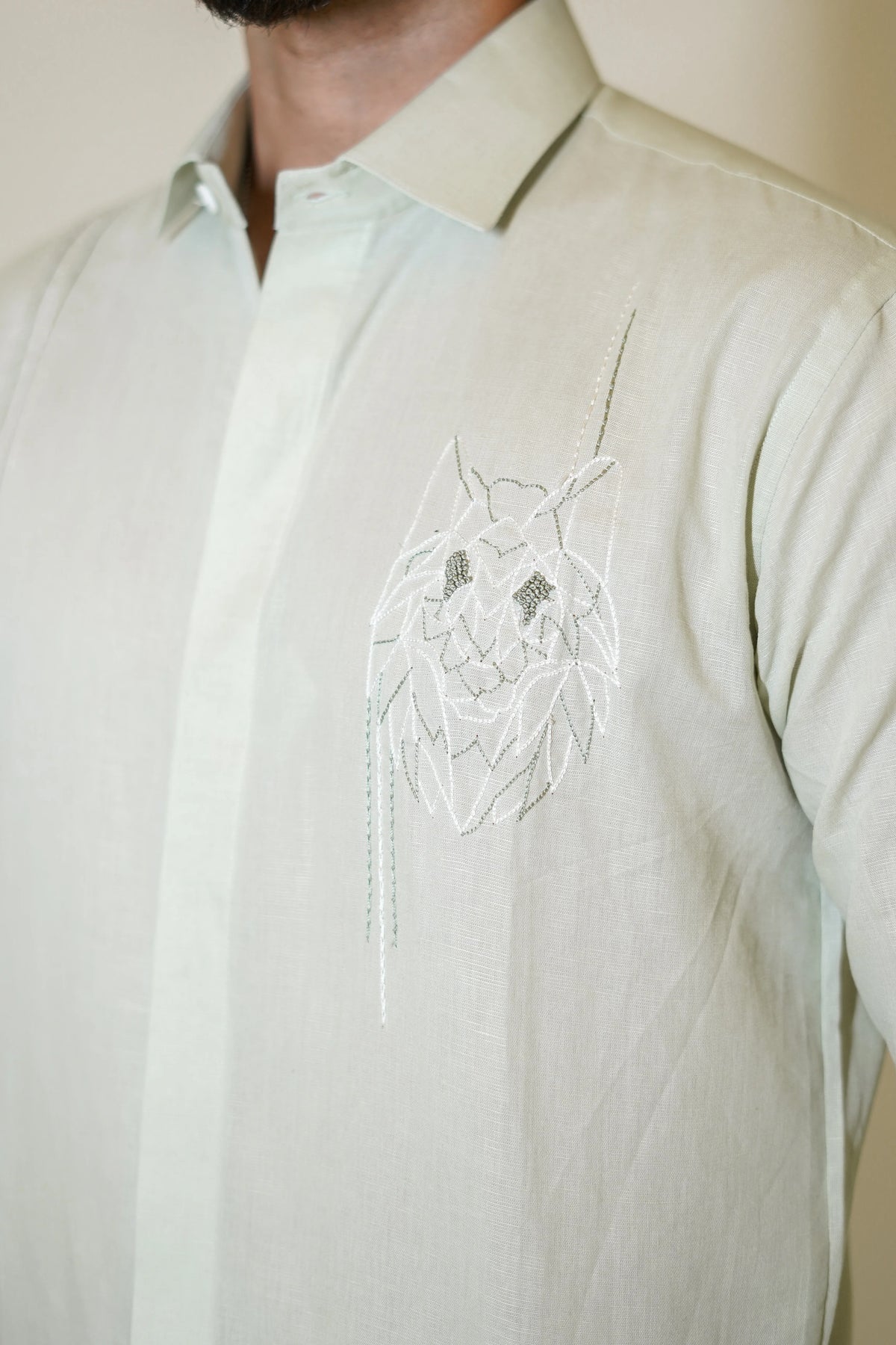 Fox Embroidered Pastel Green Linen Shirt