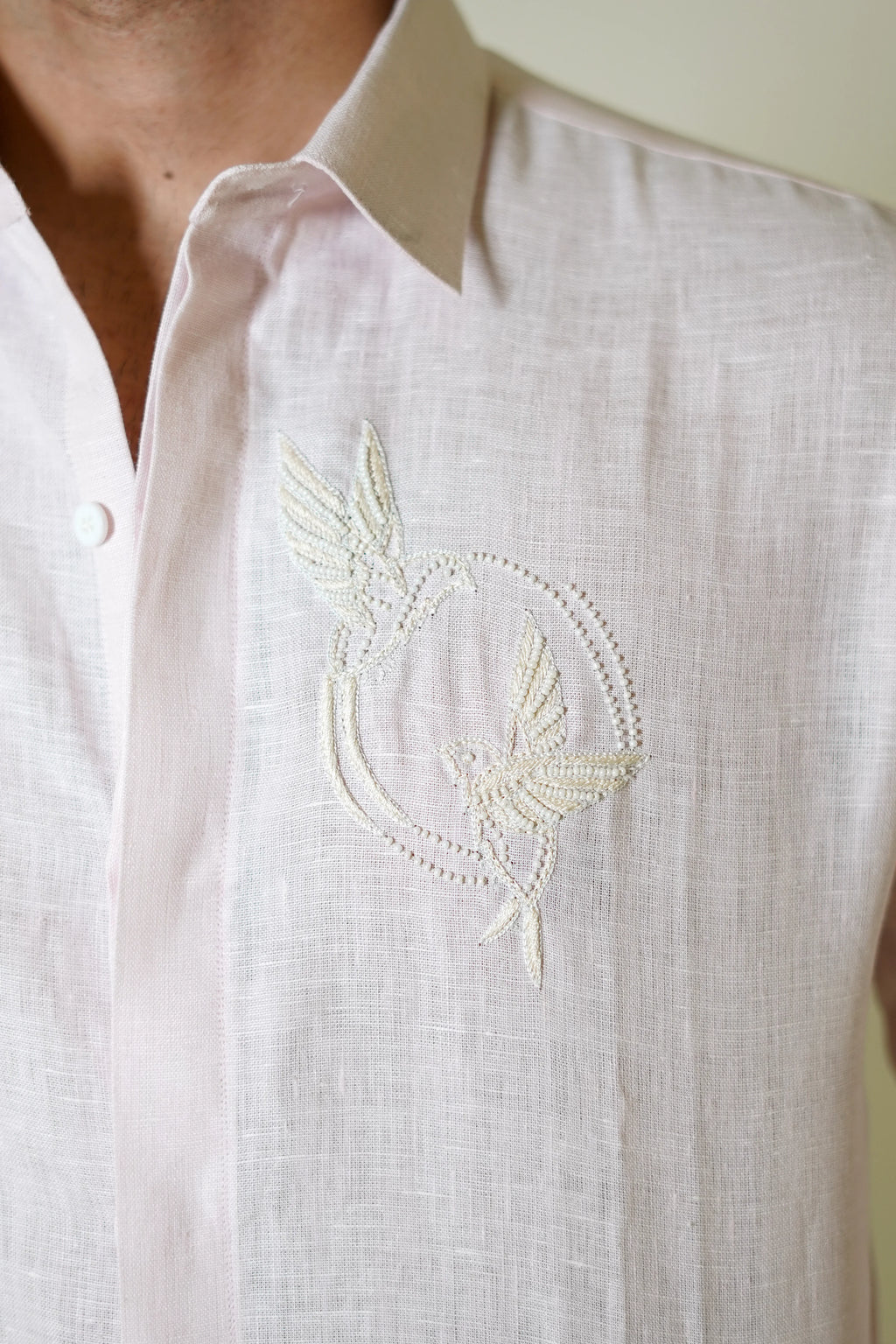 Pastel Pink Beaded Bird Embroidered Linen Shirt