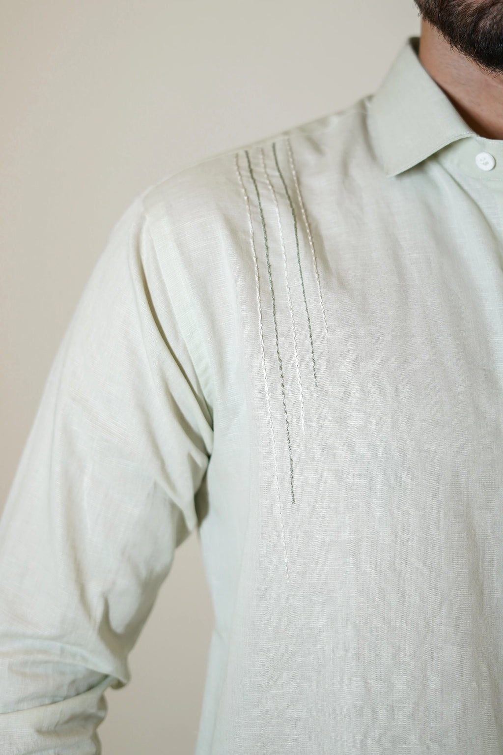 Fox Embroidered Pastel Green Linen Shirt