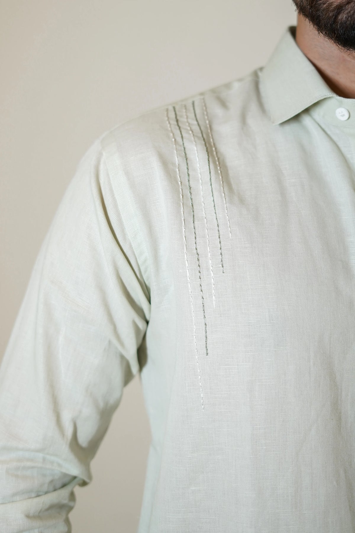 Fox Embroidered Pastel Green Linen Shirt