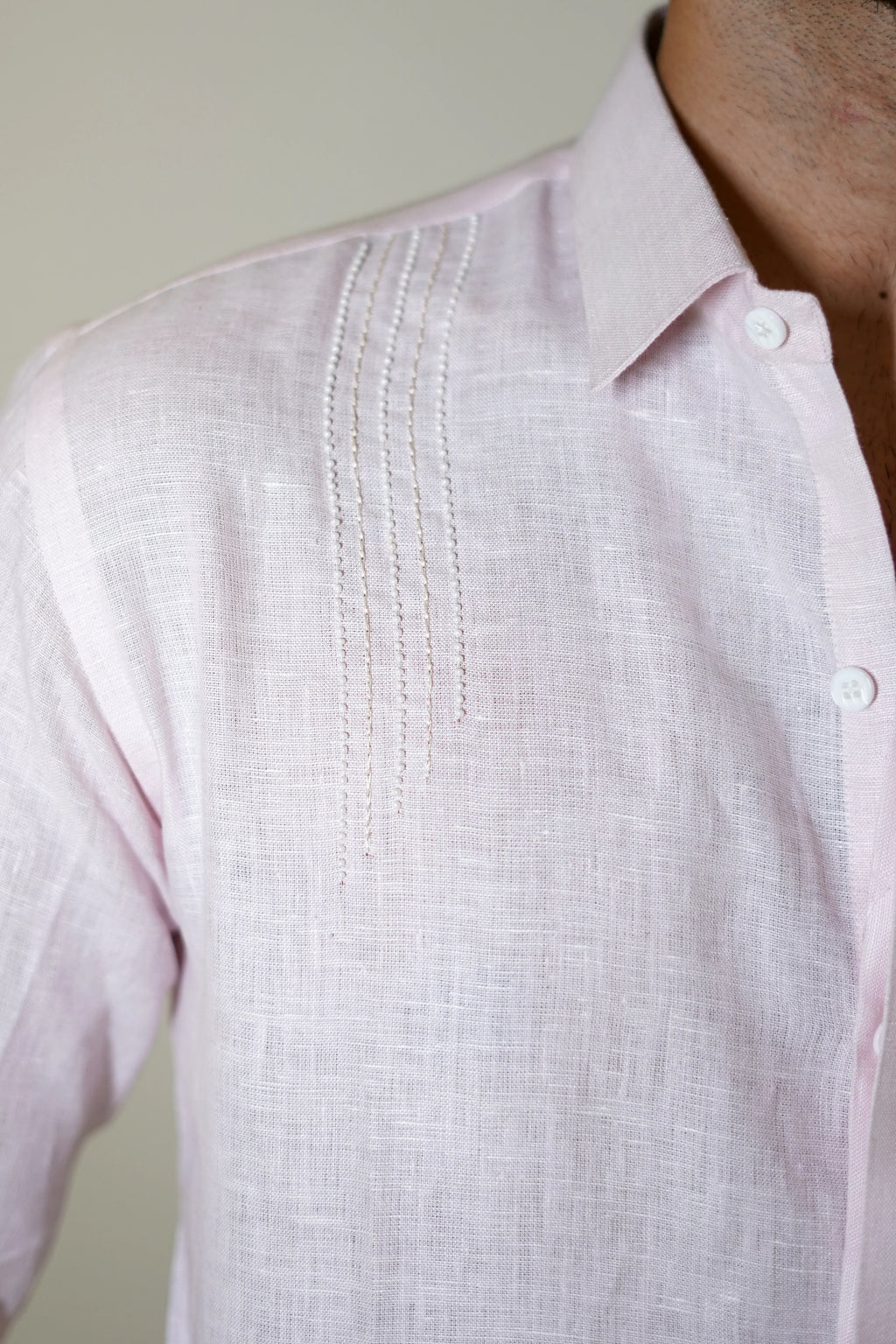 Pastel Pink Beaded Bird Embroidered Linen Shirt