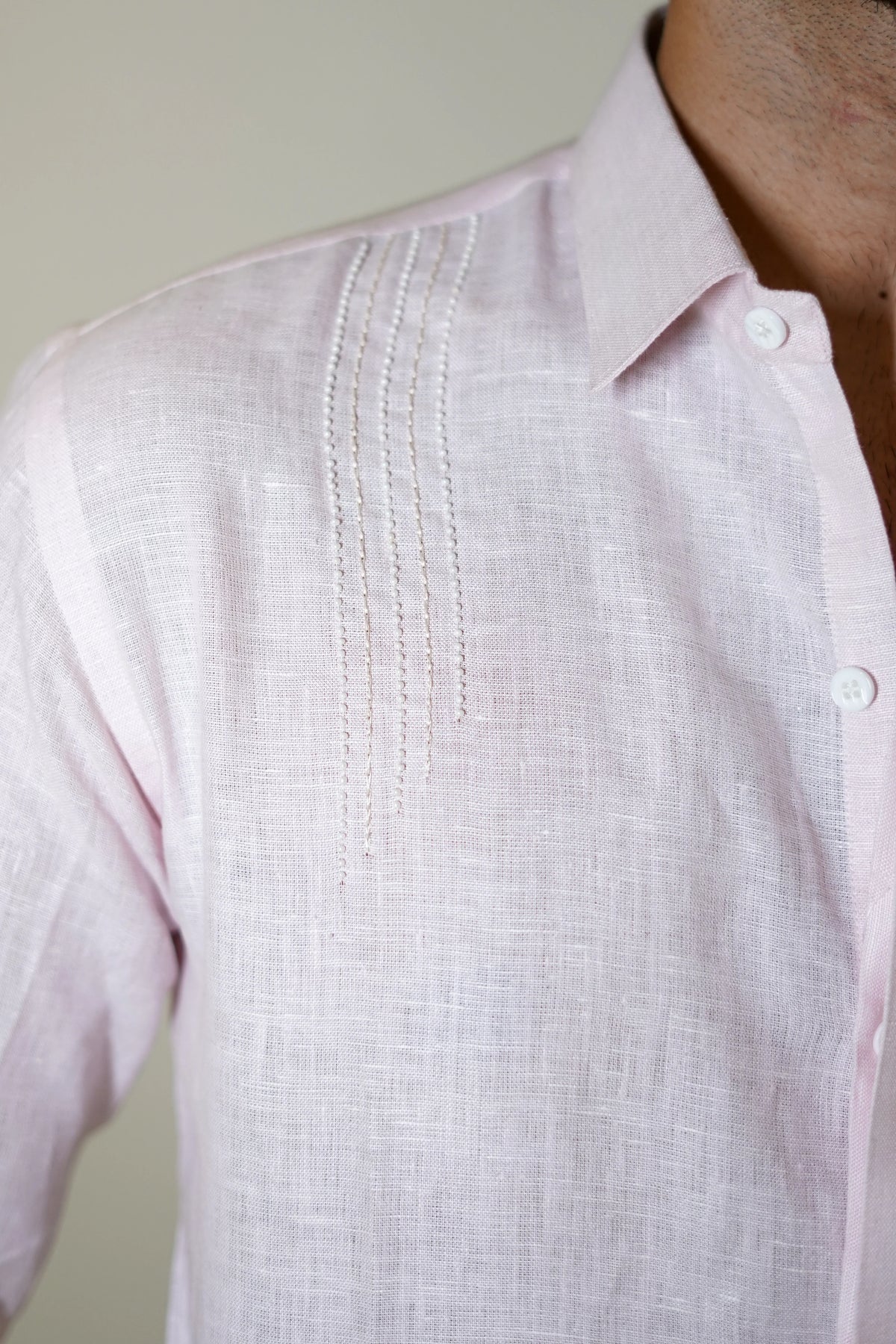 Pastel Pink Beaded Bird Embroidered Linen Shirt