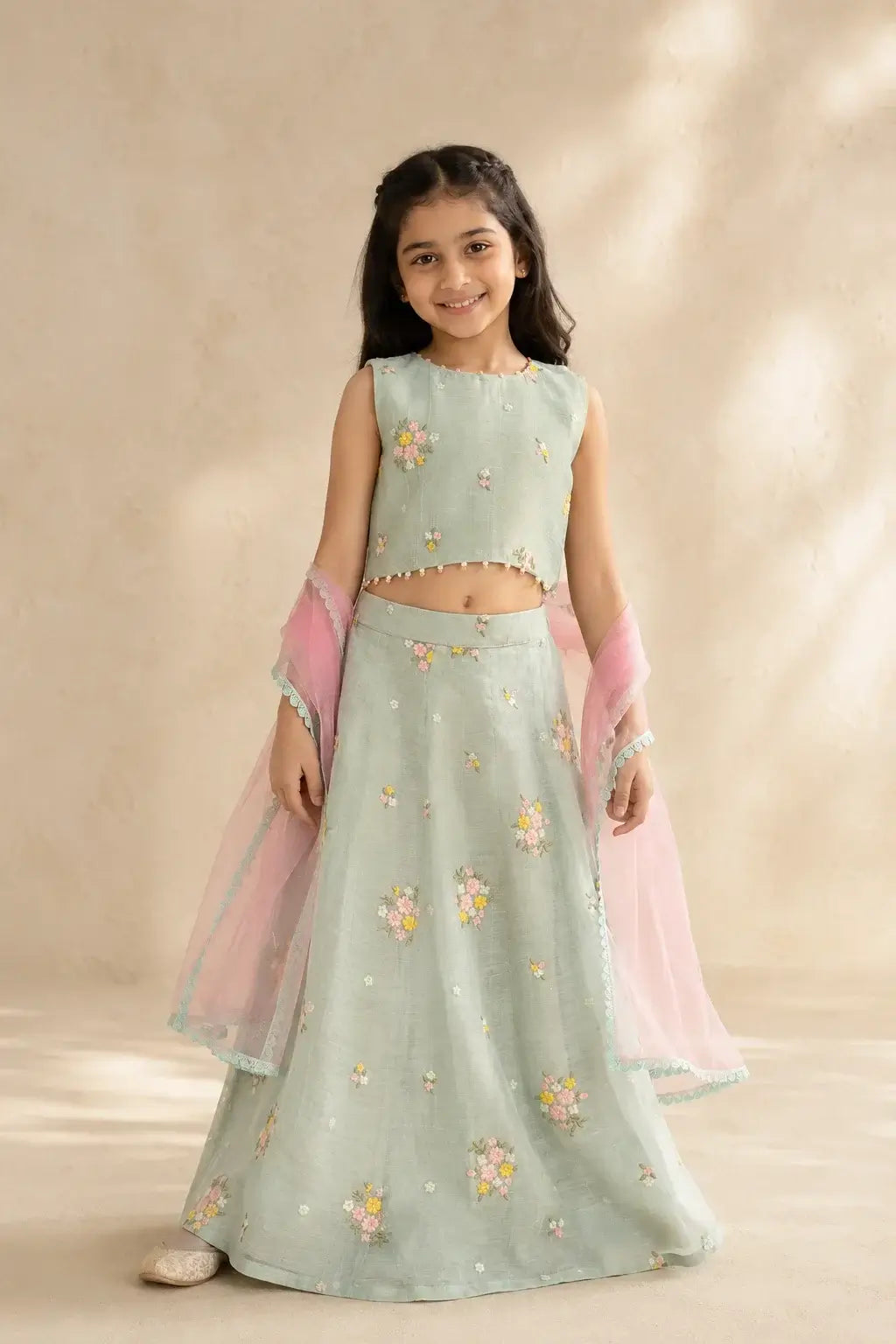 Pastel floral Lehenga set for girls by Marwar Roots, featuring intricate embroidery and elegant design.