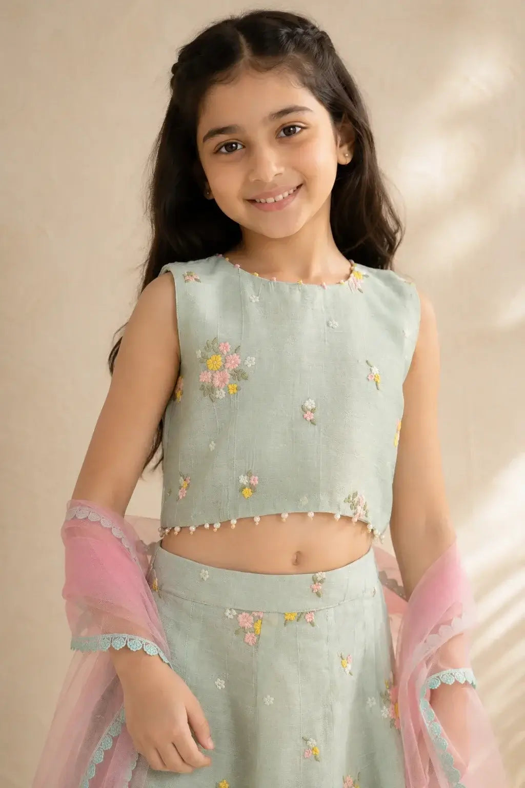 Pastel floral Arohi Lehenga Set for girls by Marwar Roots, featuring intricate embroidery and traditional design