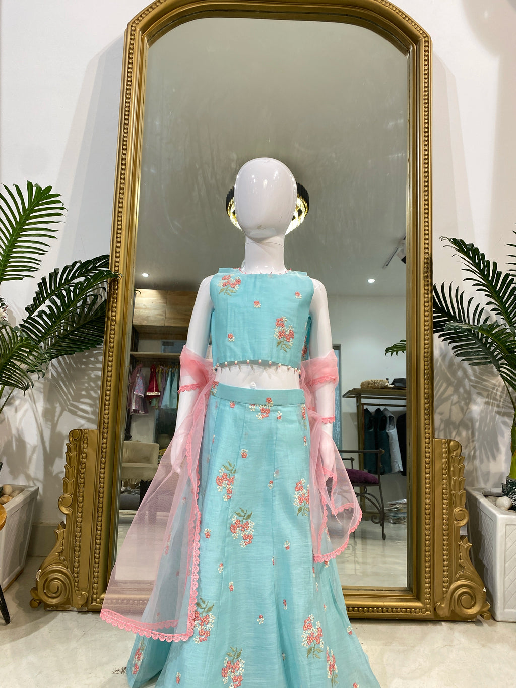 Aqua Blue Mul Chanderi Floral Lehenga Set