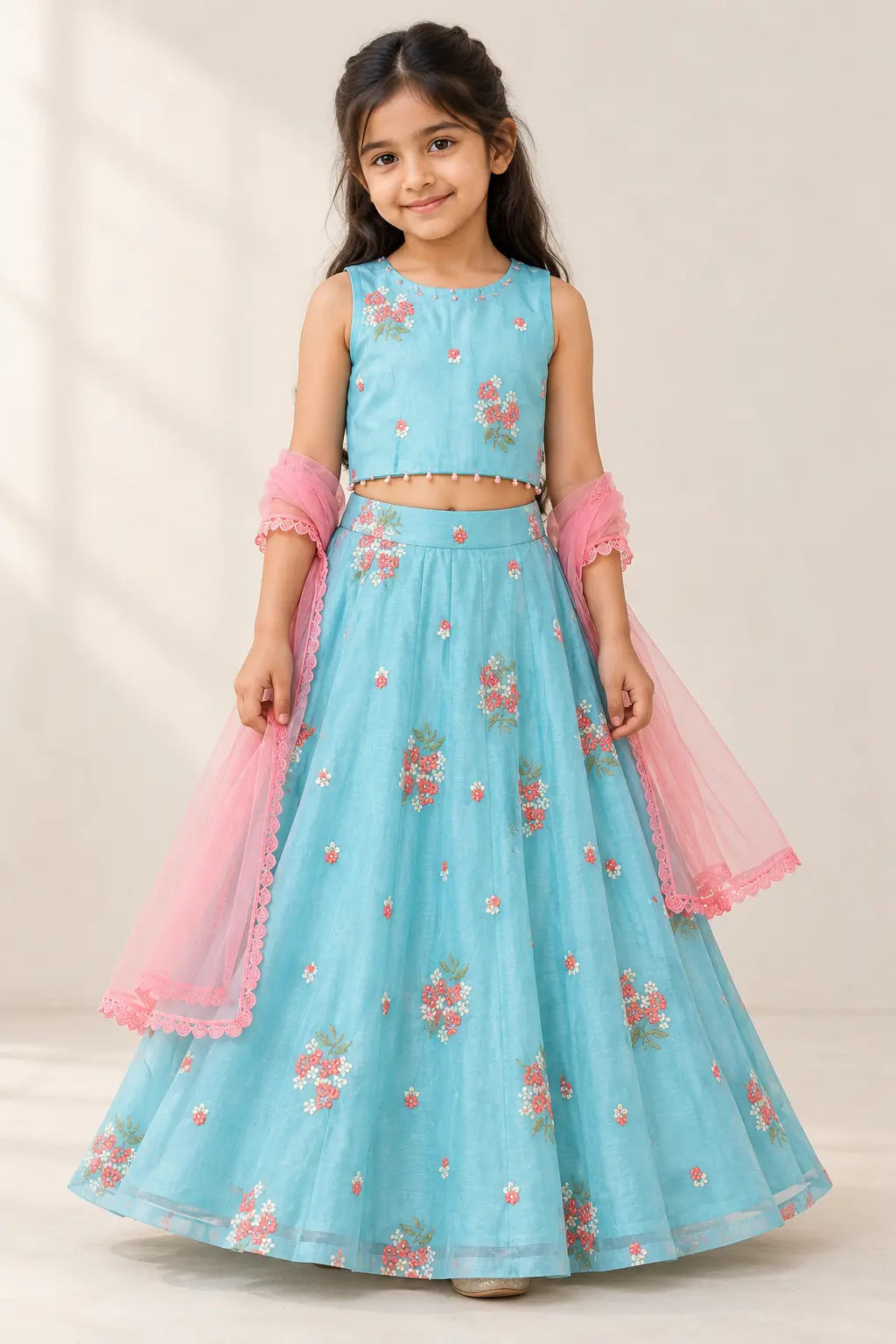 Aqua Blue Mul Chanderi Floral Lehenga Set