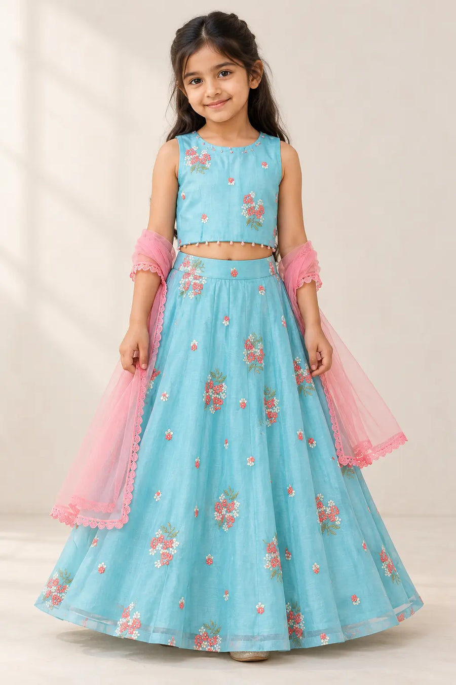 Aqua Blue Mul Chanderi Floral Lehenga Set