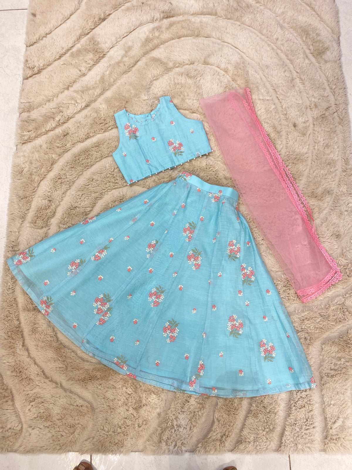 Aqua Blue Mul Chanderi Floral Lehenga Set