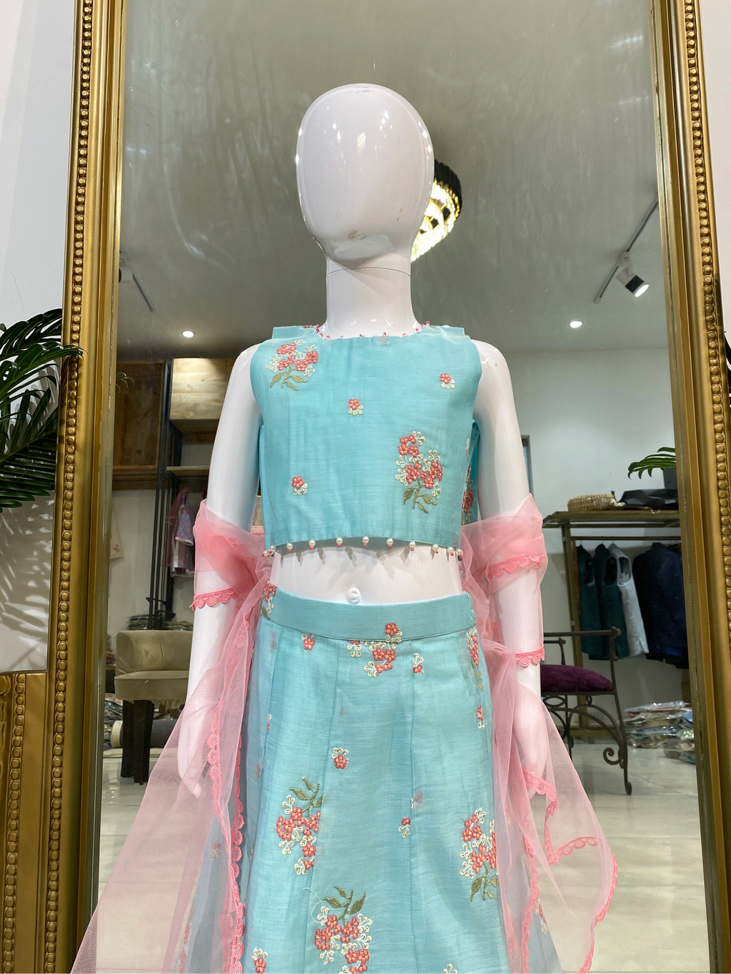 Aqua Blue Mul Chanderi Floral Lehenga Set