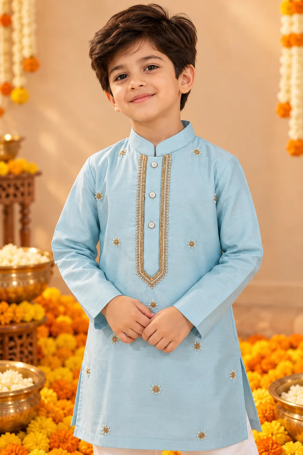Aqua Blue Zari Bead Work Kurta Pant Set
