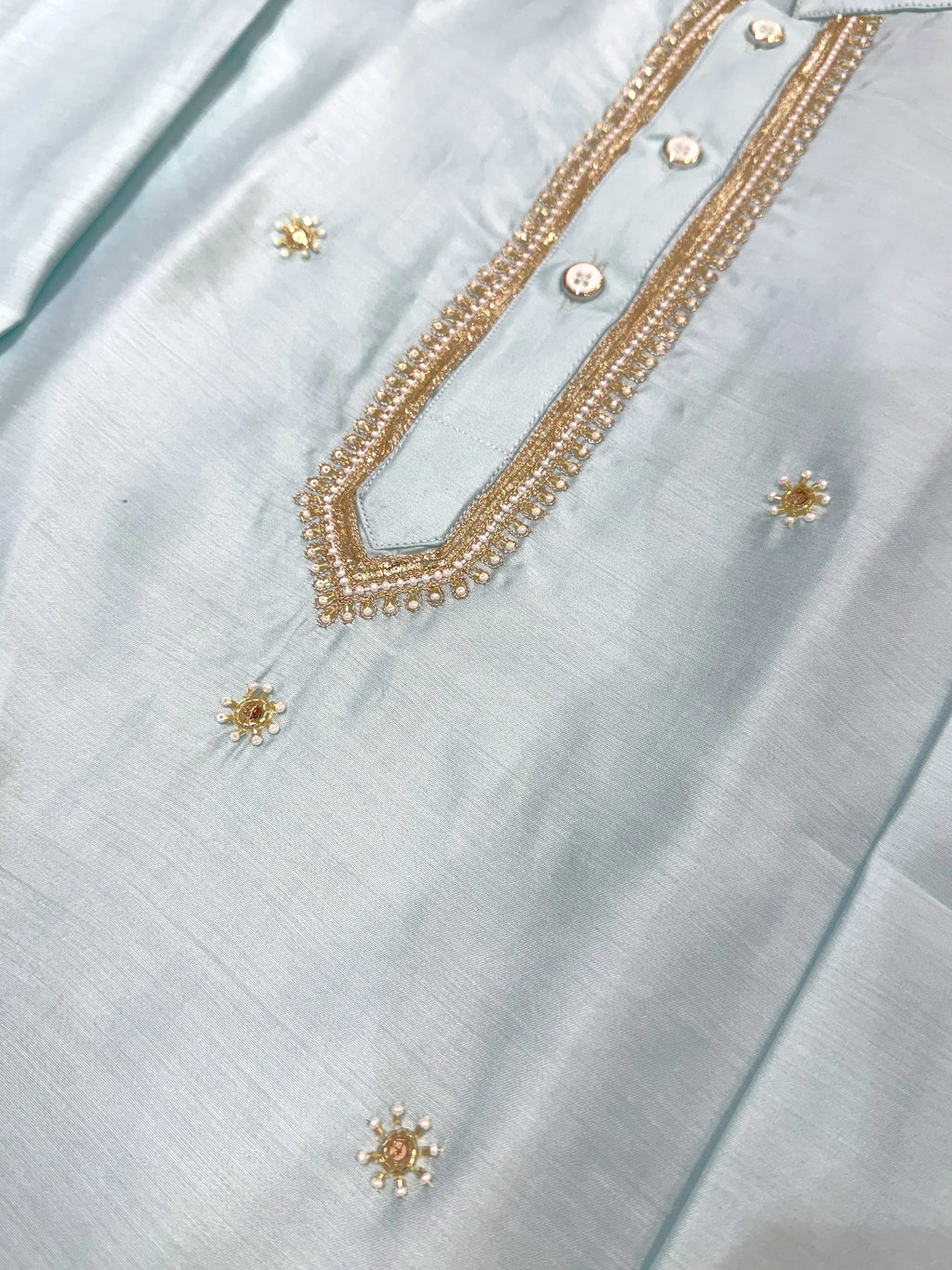 Aqua Blue Zari Bead Work Kurta Pant Set