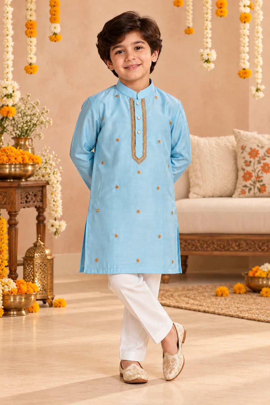 Aqua Blue Zari Bead Work Kurta Pant Set
