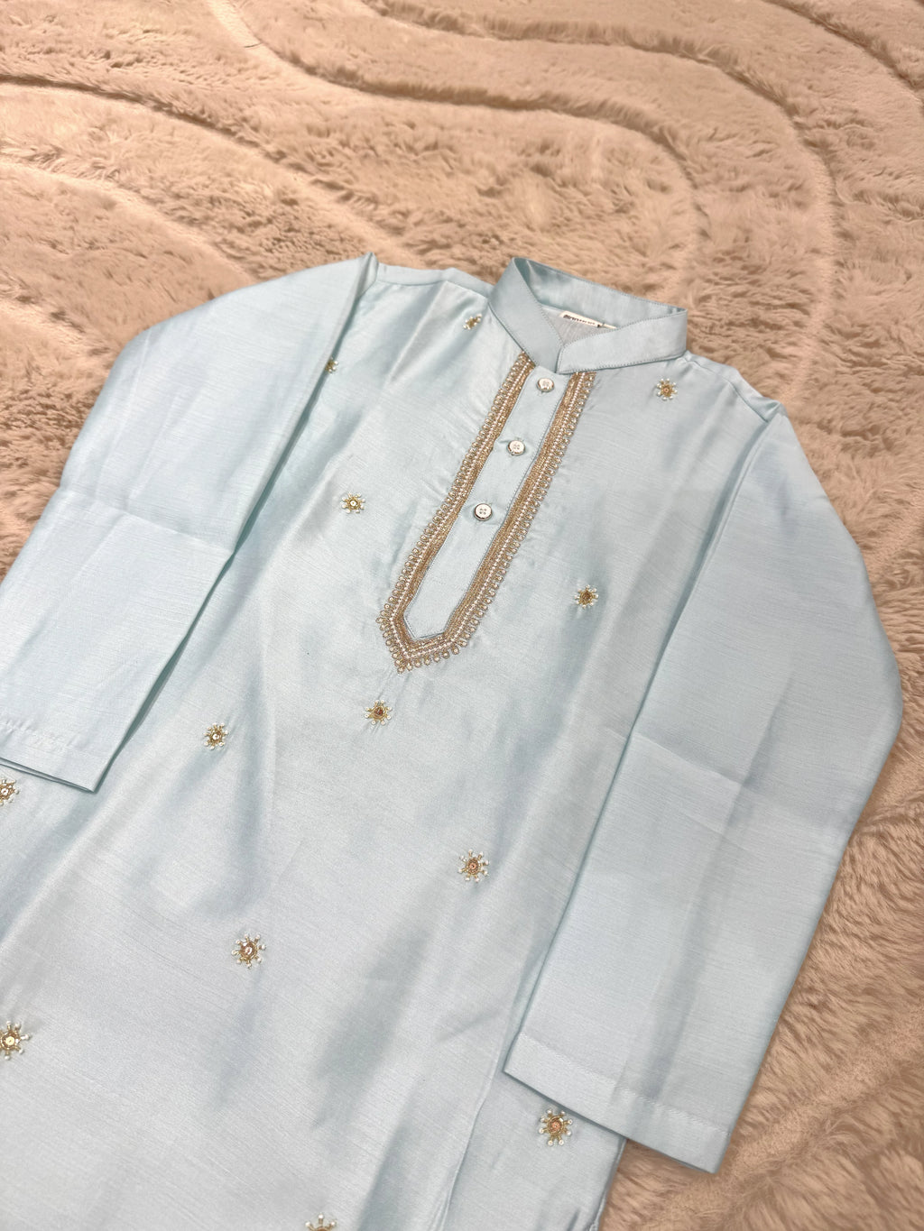 Aqua Blue Zari Bead Work Kurta Pant Set