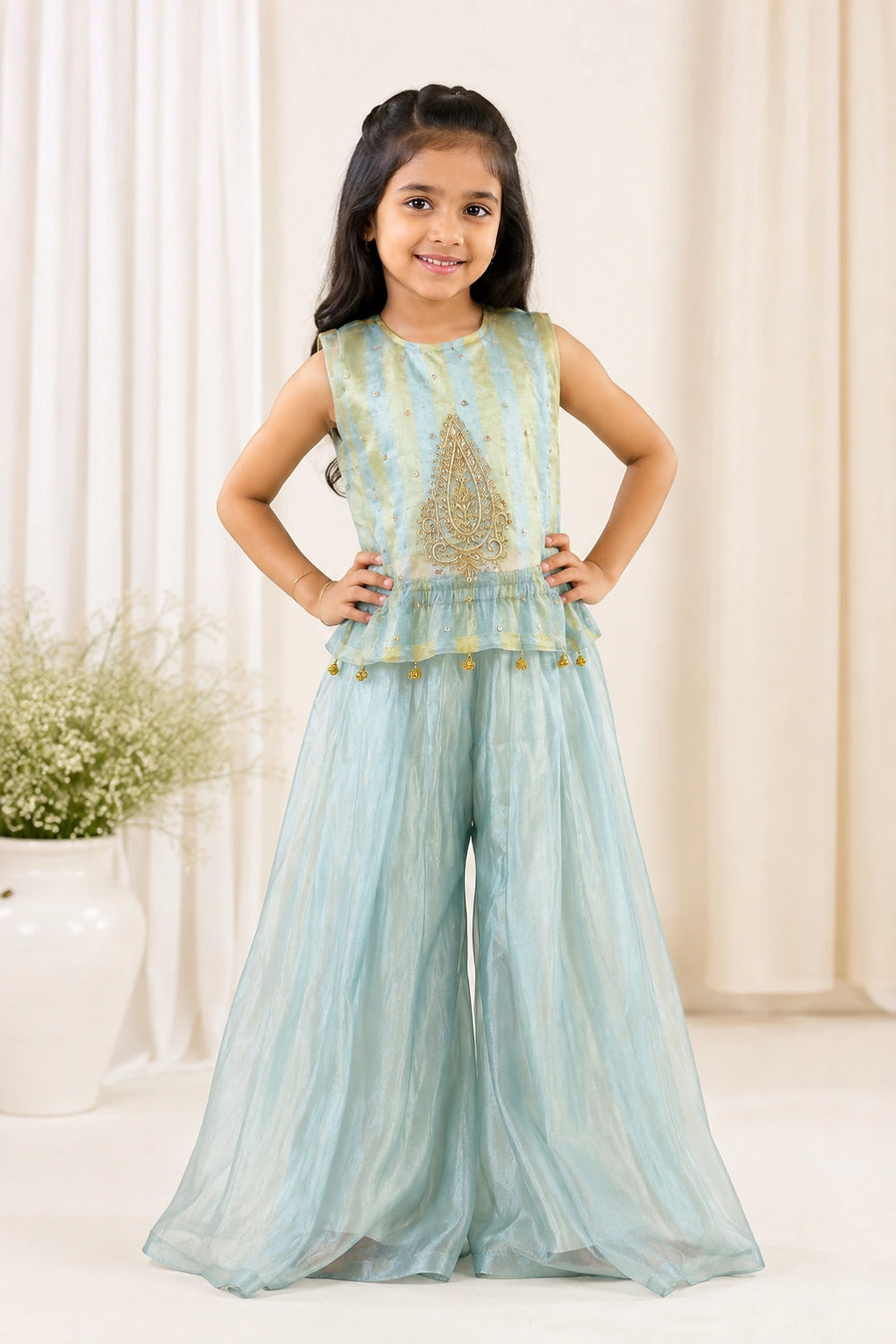 Aqua Gold Tie Up Sharara Set