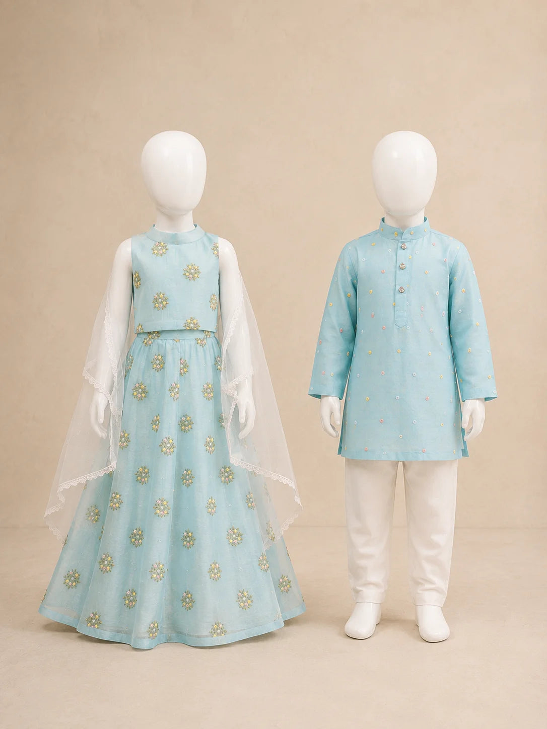 Aqua Noor sibling set with boy kurta and girl lehenga, vibrant aqua color, traditional embroidery, by Marwar Roots.