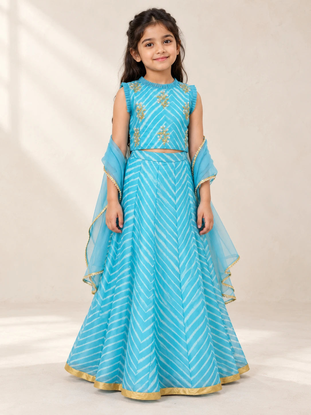 Blue Leheriya Organza Lehenga Set