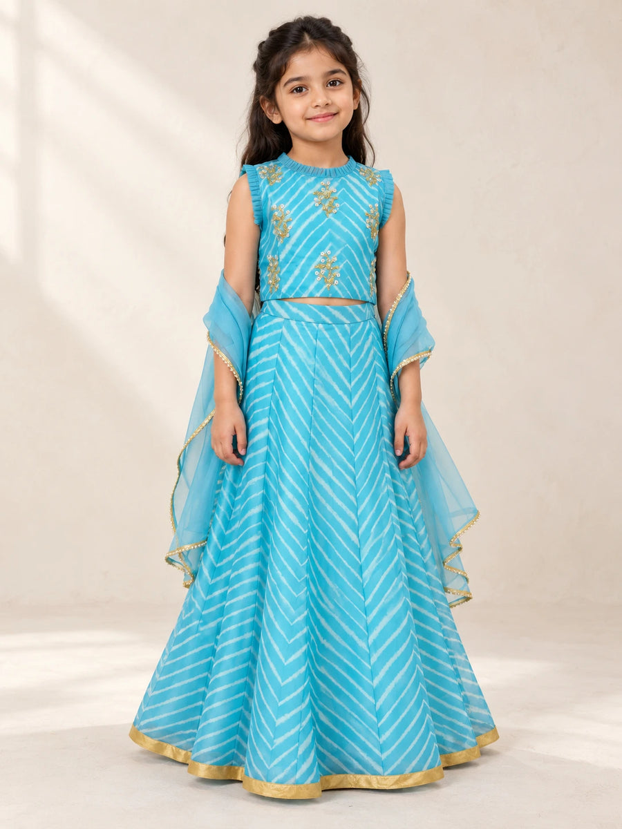 Blue Leheriya Organza Lehenga Set