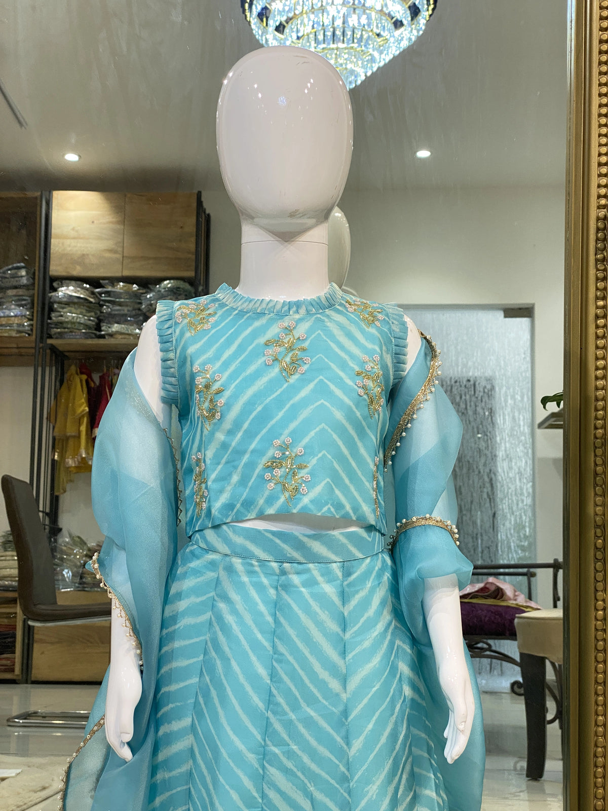 Blue Leheriya Organza Lehenga Set