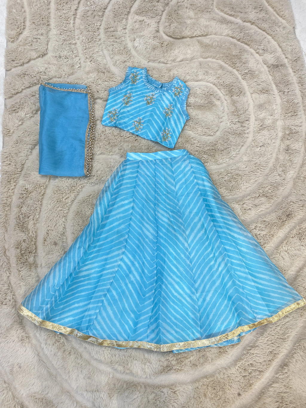 Blue Leheriya Organza Lehenga Set