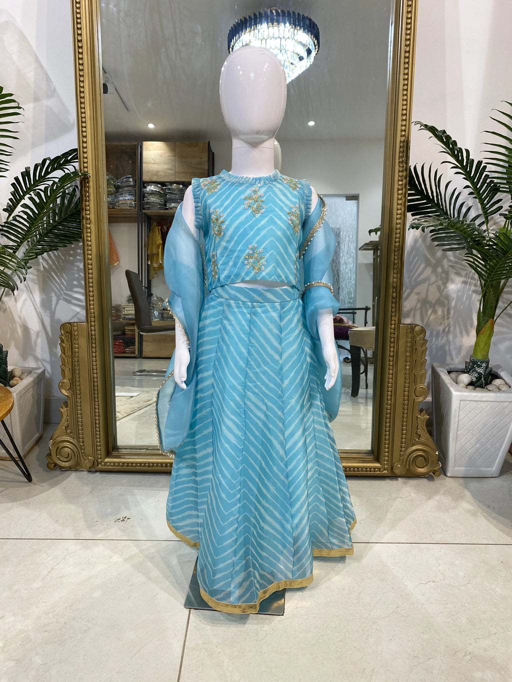 Blue Leheriya Organza Lehenga Set