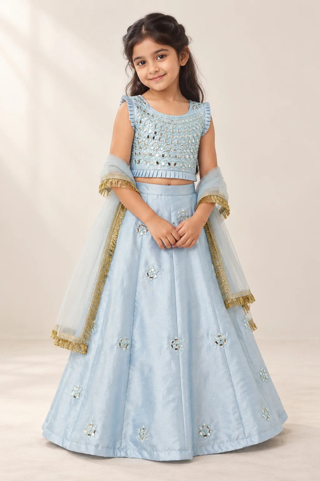 Blue Mirror Work Lehenga Set for Girls – Front View