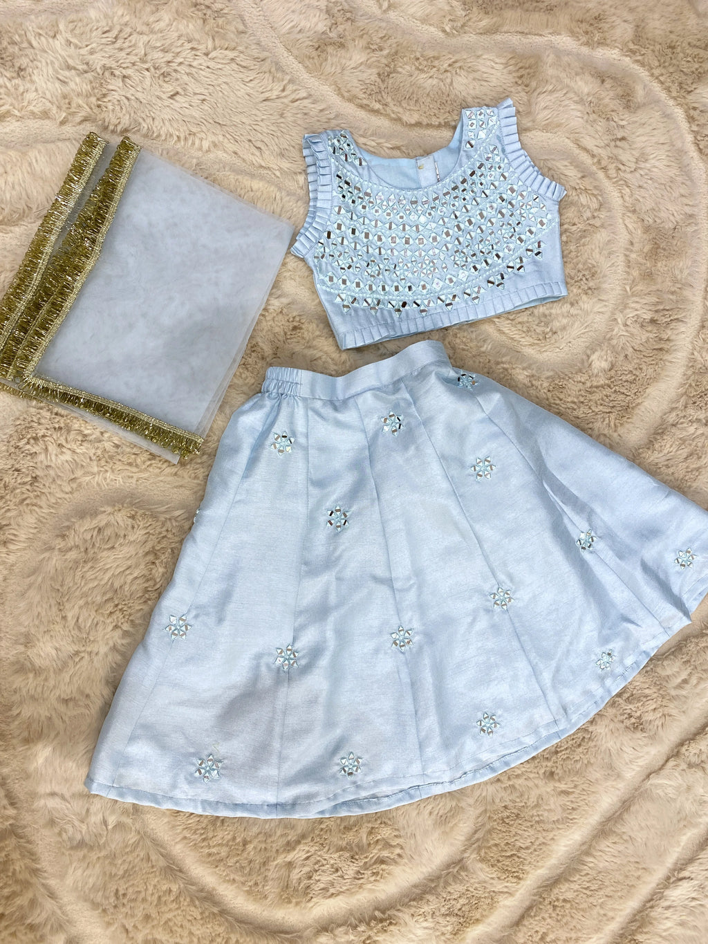 Blue Mirror Work Lehenga Set for Girls 