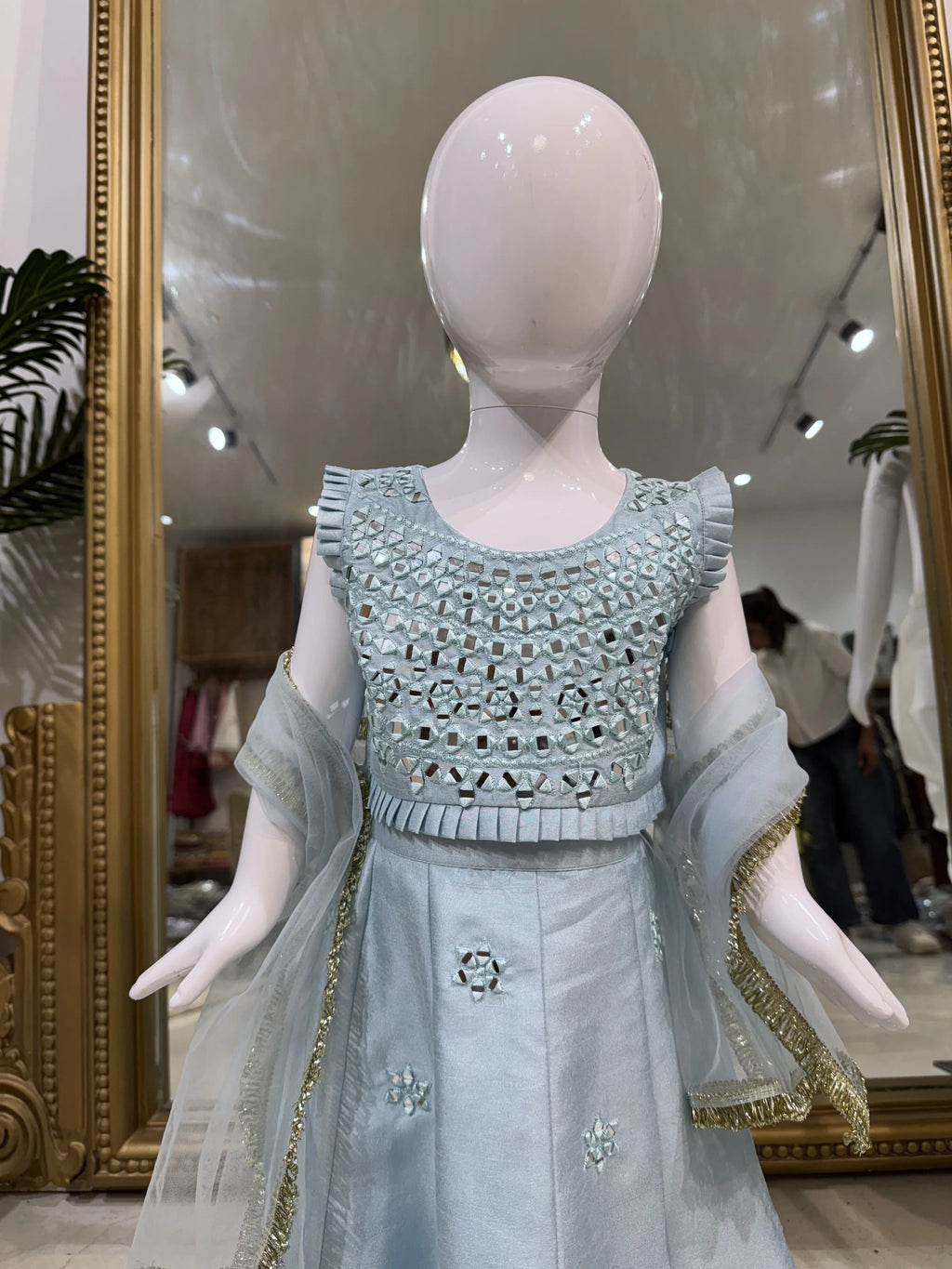 Blue Mirror Work Lehenga Set for Girls 
