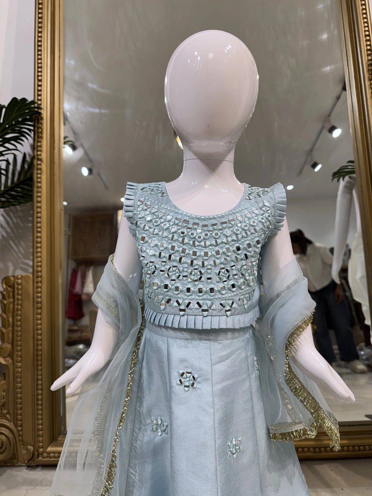 Blue Mirror Work Lehenga Set for Girls 