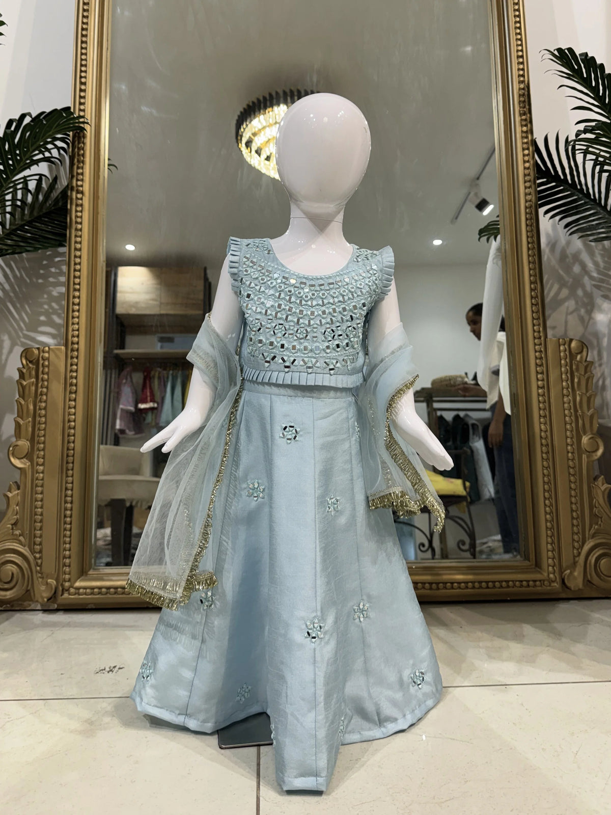 Blue Mirror Work Lehenga Set for Girls 