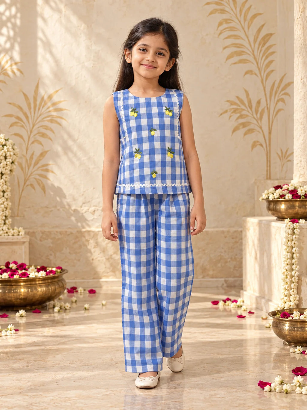 Blue and white cotton floral co-ord set by Marwar Roots, featuring a matching top and bottom with vibrant floral patterns.