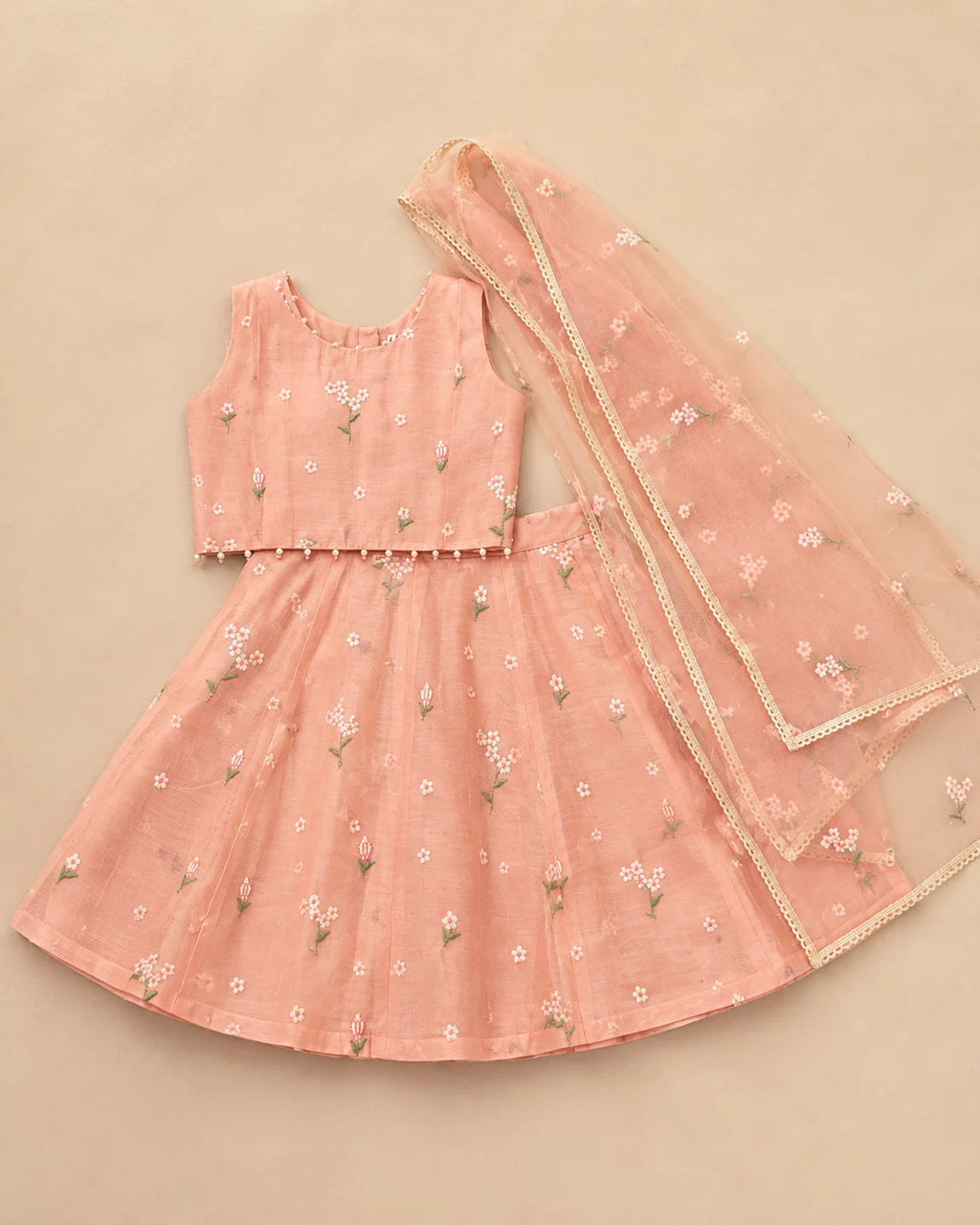 Pink Floral Embroidered Mul Chanderi Lehenga Set for Girls.