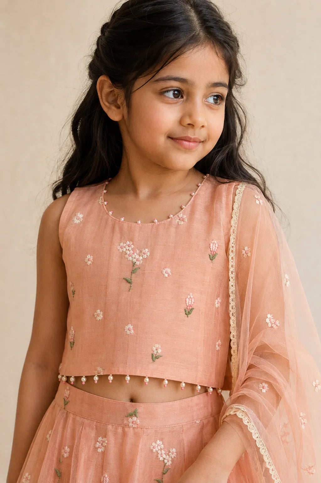 Pink Floral Embroidered Mul Chanderi Lehenga Set for Girls.