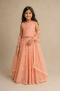 Pink Floral Embroidered Mul Chanderi Lehenga Set for Girls.