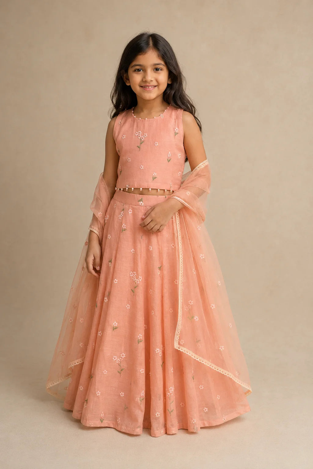Pink Floral Embroidered Mul Chanderi Lehenga Set for Girls.