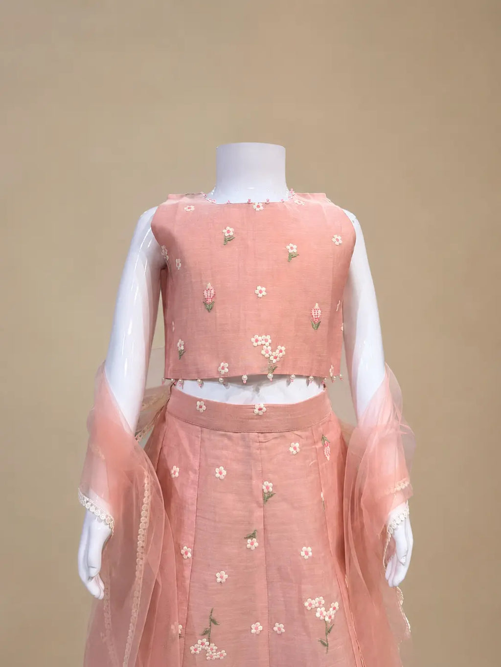 Blush pink floral embroidered Mul Chanderi lehenga set for girls with dupatta