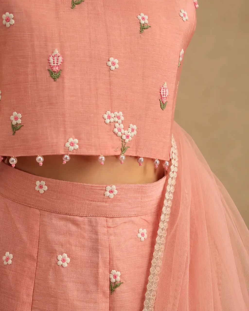 Blush pink floral embroidered Mul Chanderi lehenga set for girls with dupatta