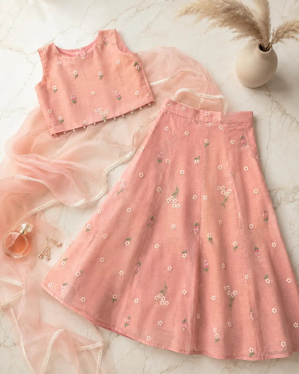 Blush pink floral embroidered Mul Chanderi lehenga set for girls with dupatta