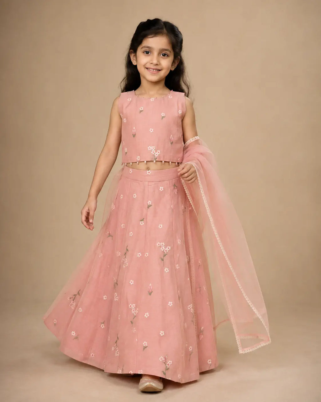 Blush pink floral embroidered Mul Chanderi lehenga set for girls with dupatta