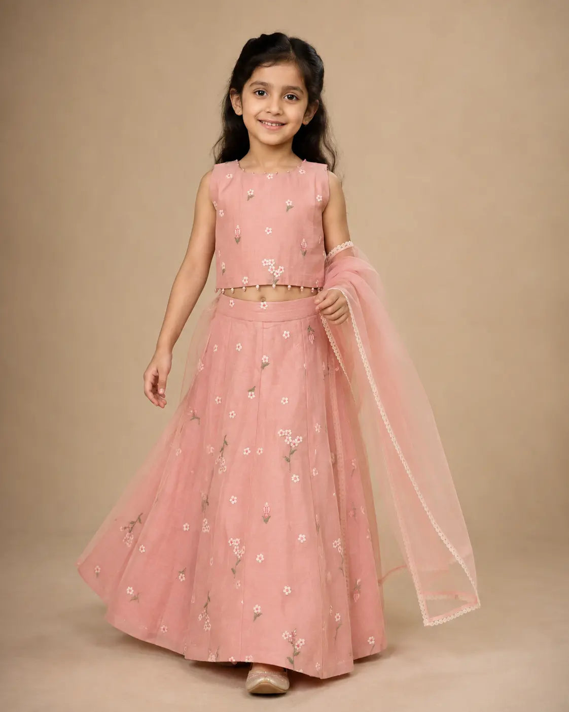 Blush pink floral embroidered Mul Chanderi lehenga set for girls with dupatta
