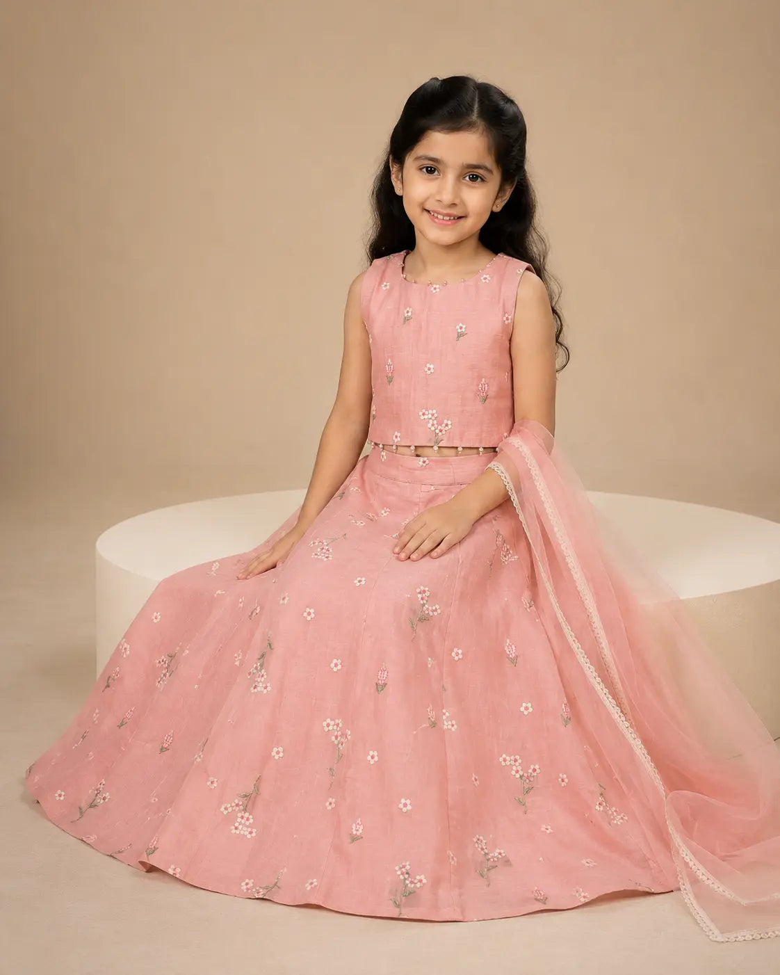 Blush pink floral embroidered Mul Chanderi lehenga set for girls with dupatta