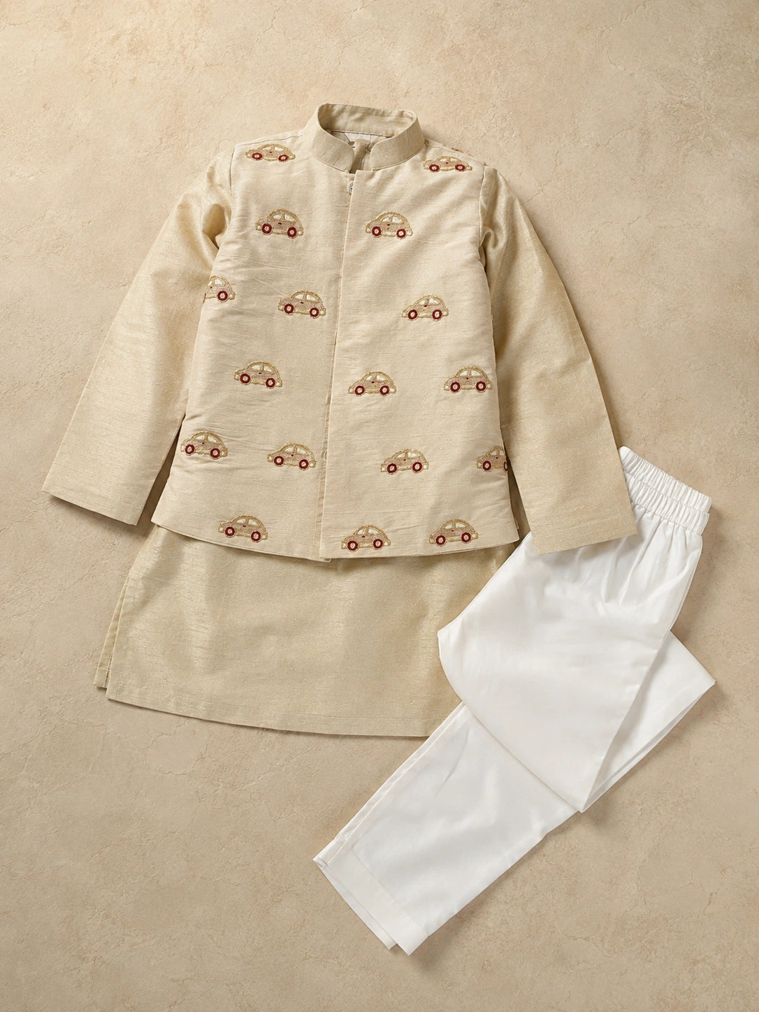 Boys Ivory Car Embroidered Nehru Jacket Set