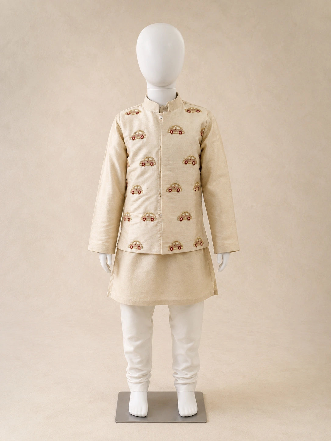 Boys Ivory Car Embroidered Nehru Jacket Set