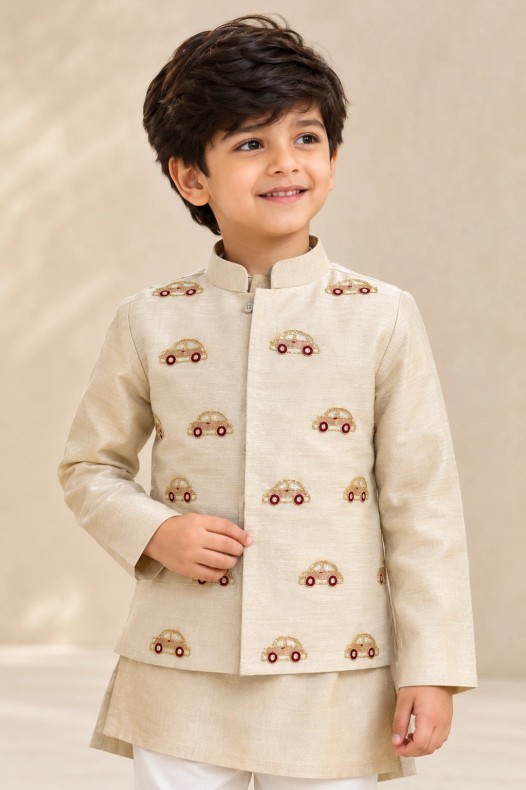 Boys Ivory Car Embroidered Nehru Jacket Set
