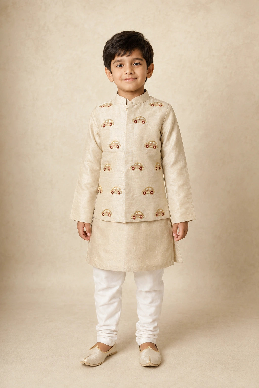 Boys Ivory Car Embroidered Nehru Jacket Set