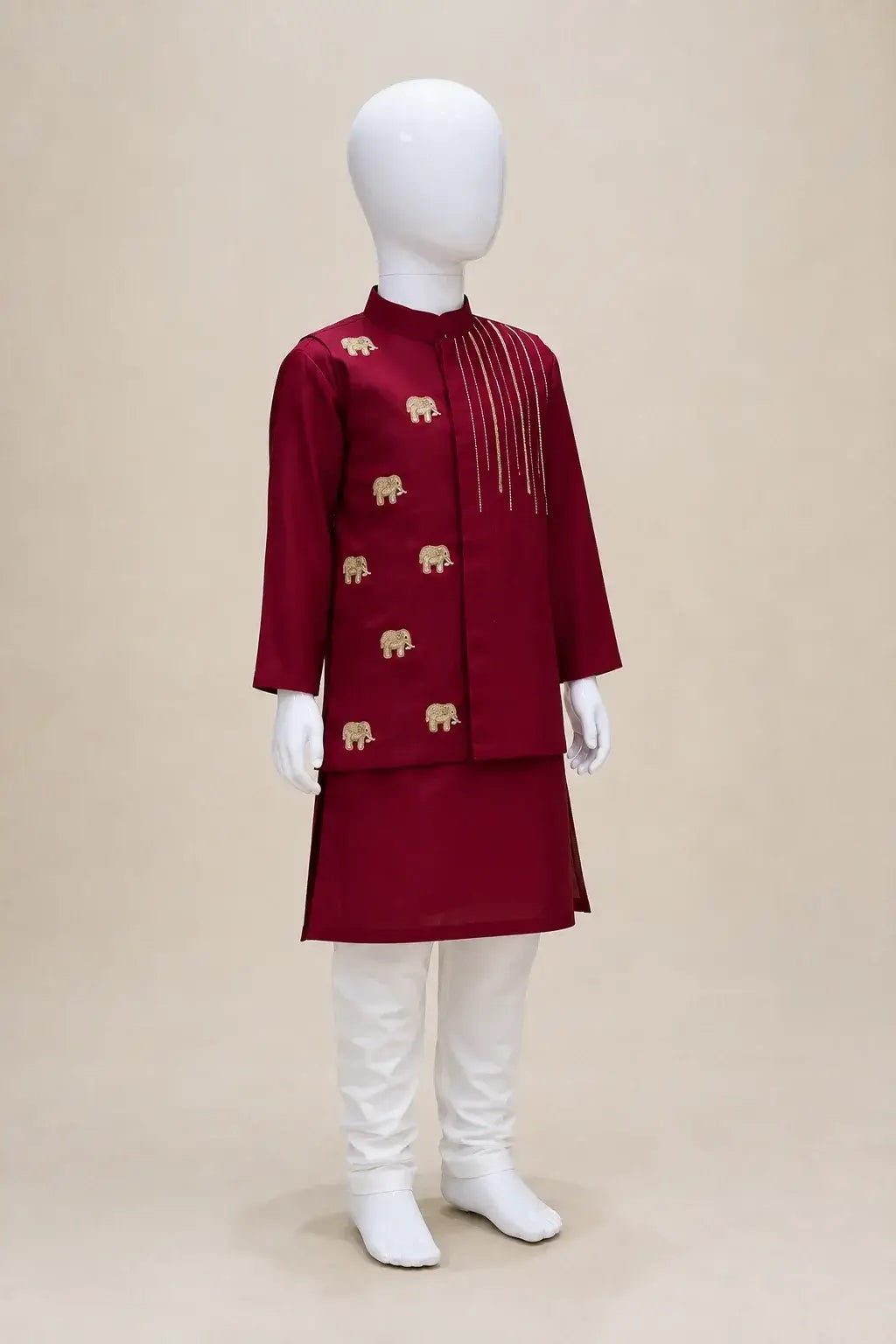 Boys maroon elephant embroidered kurta pajama set with gold detailing and white pajama – festive Indian ethnic wear