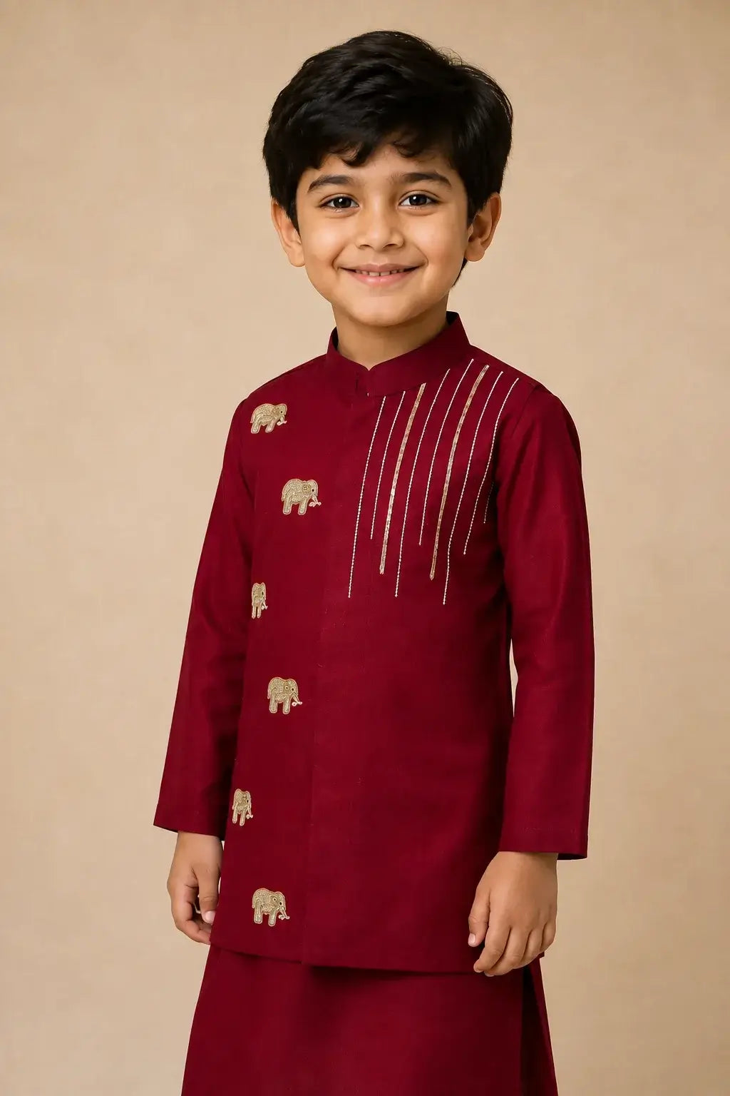Boys maroon elephant embroidered kurta pajama set with gold detailing and white pajama – festive Indian ethnic wear