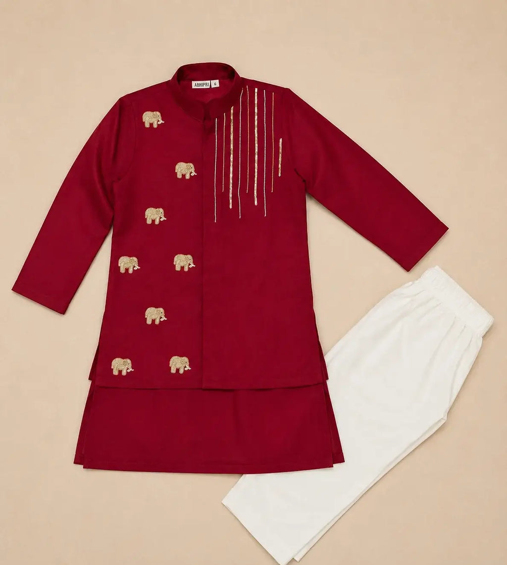 Boys maroon elephant embroidered kurta pajama set with gold detailing and white pajama – festive Indian ethnic wear