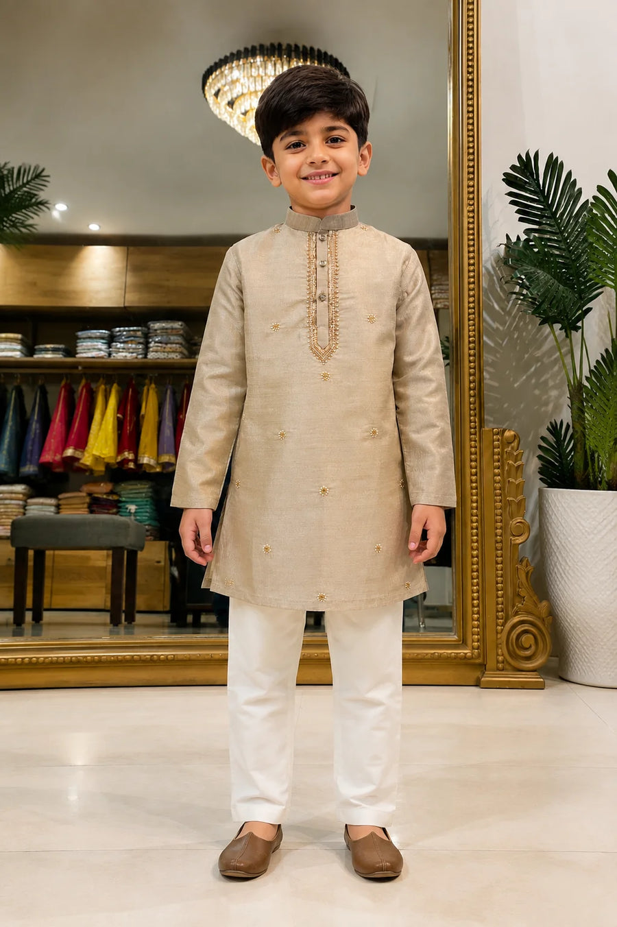 Champagne tissue kurta set for boys with embroidered details and white pajama