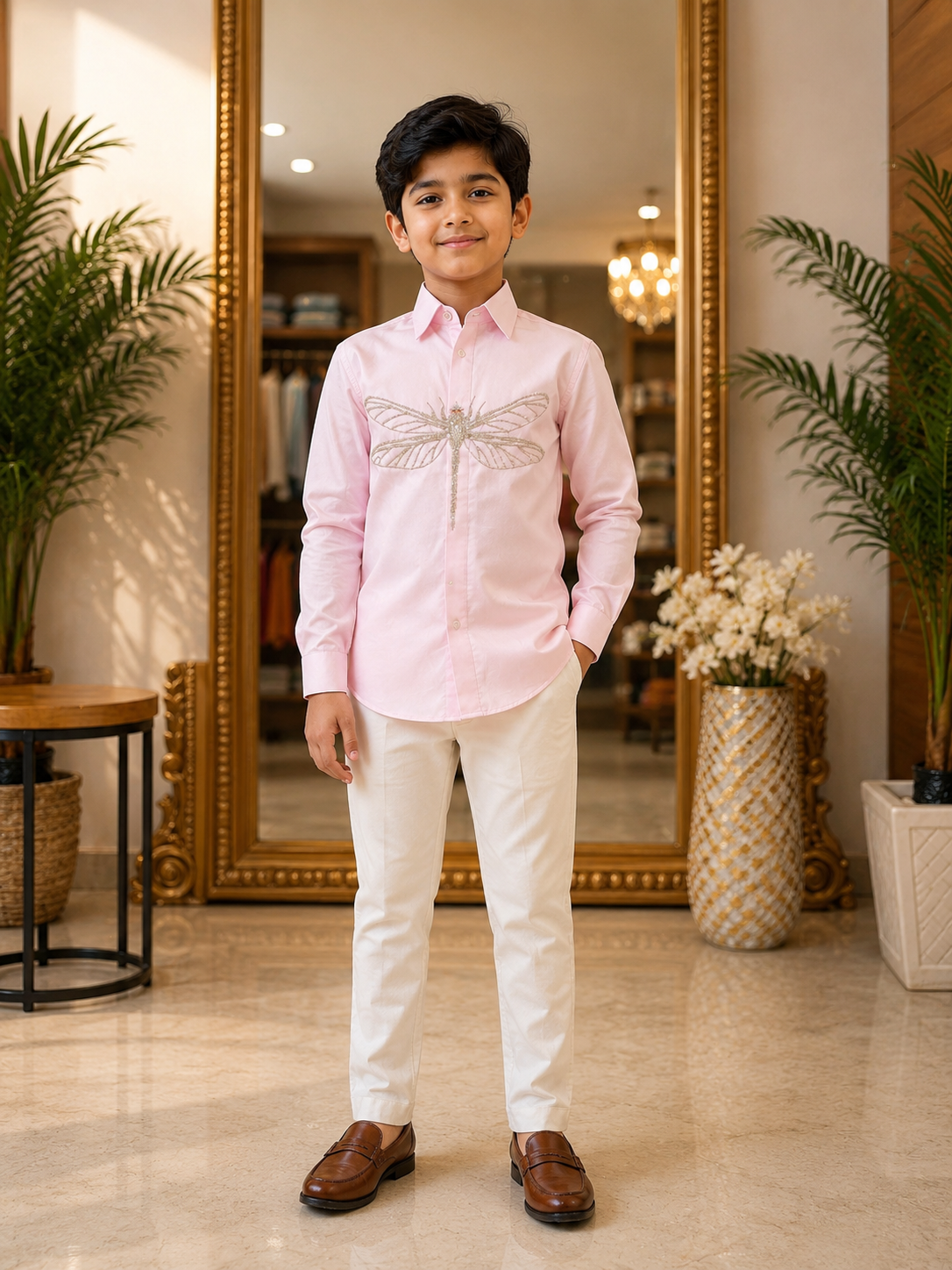 Dragonfly embroidered pink shirt for boys worn by a young boy in a stylish setting with a mirror behind.