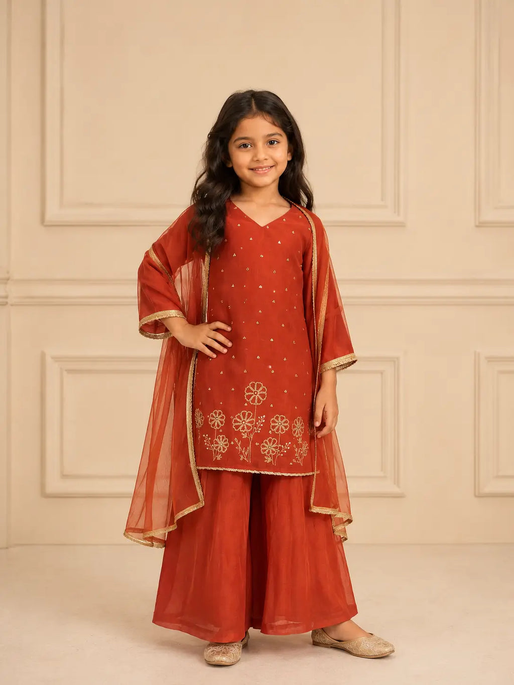 Girl wearing red floral embroidered lehenga set with V-neck kurta, flared lehenga and sheer gold-border dupatta